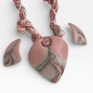 Pink Marled Ceramic Pendant Fabric Necklace Earrings Clip-on Earrings Set
